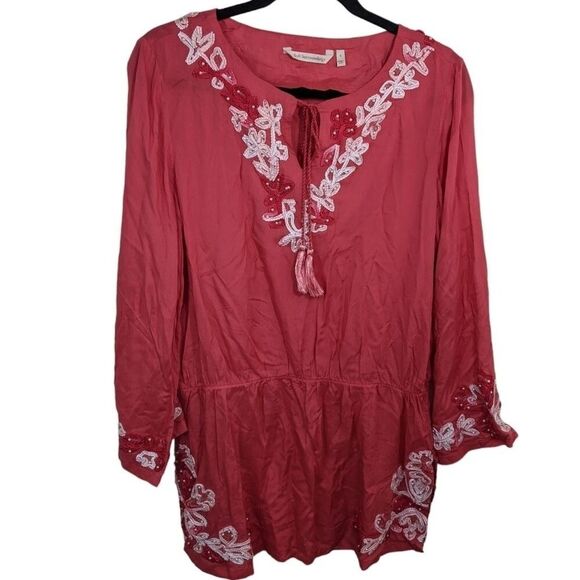 Soft Surroundings Floral Crush Coral Tunic Embroidered Beaded Blouse Small - Picture 4 of 12